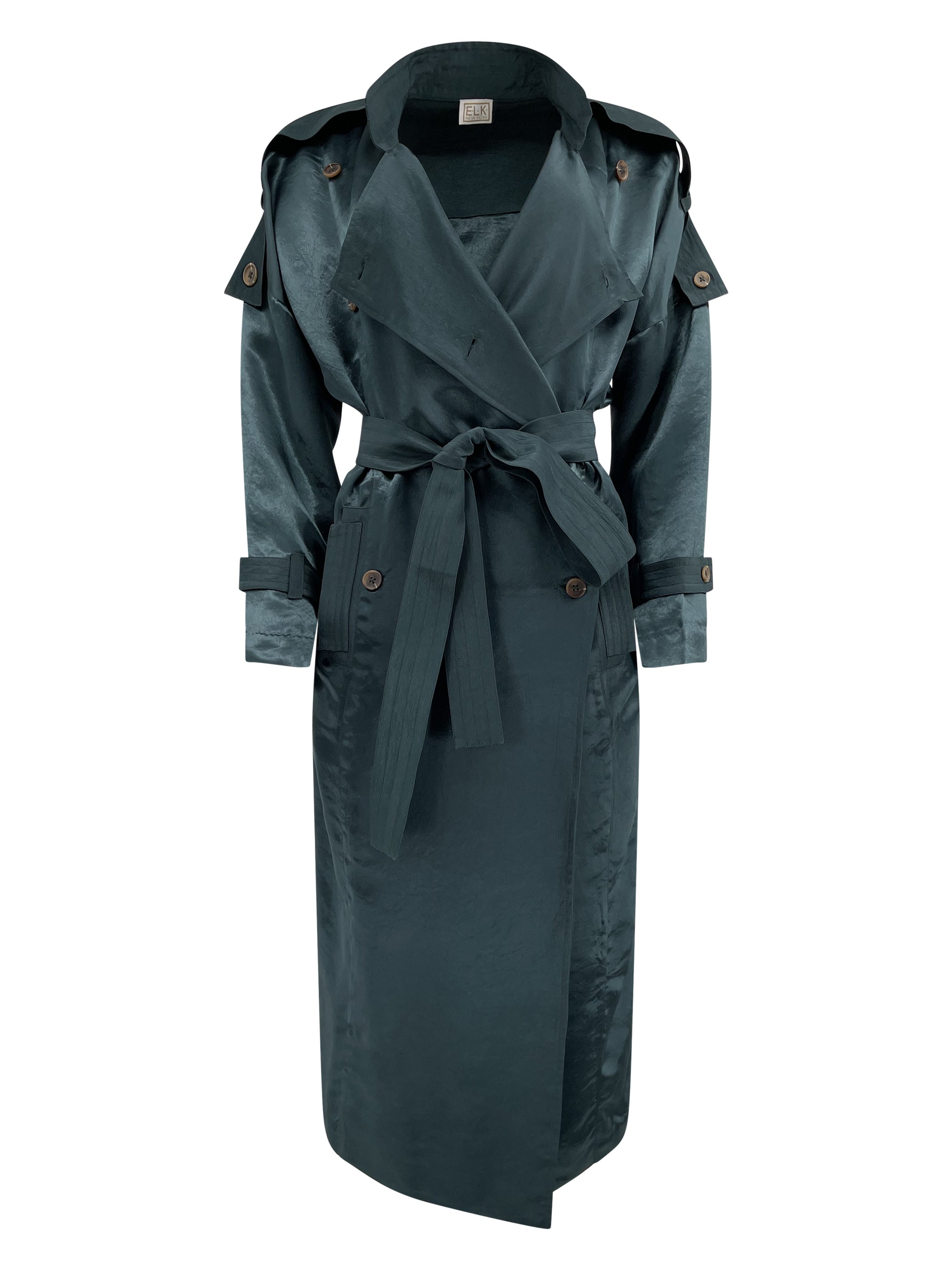 na.e ナエ　Lowell trench coat A NAIMA SILK FEEL BELTED TRANSITION TRENCH COAT IN TEAL – ELK NY